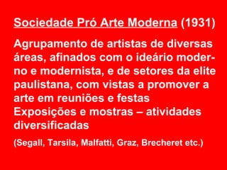 Sociedade Pró Arte Moderna (1931)
Agrupamento de artistas de diversas
áreas, afinados com o ideário moder-
no e modernista, e de setores da elite
paulistana, com vistas a promover a
arte em reuniões e festas
Exposições e mostras – atividades
diversificadas
(Segall, Tarsila, Malfatti, Graz, Brecheret etc.)
 