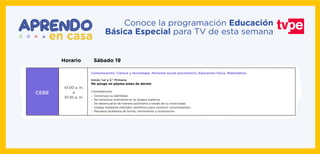 10:00 a. m.
a
10:30 a. m.
Sábado 19Horario
CEBE
Comunicación, Ciencia y tecnología, Personal social psicomotriz, Educación física, Matemática.
Inicial, 1.er y 2.° Primaria
Me pongo mi pijama antes de dormir
Construye su identidad.
Se comunica oralmente en su lengua materna.
Se desenvuelve de manera autónoma a través de su motricidad.
Indaga mediante métodos cientíﬁcos para construir conocimientos.
Resuelve problema de forma, movimiento y localización.
Competencias:
-
-
-
-
-
Conoce la programación Educación
Básica Especial para TV de esta semana
 