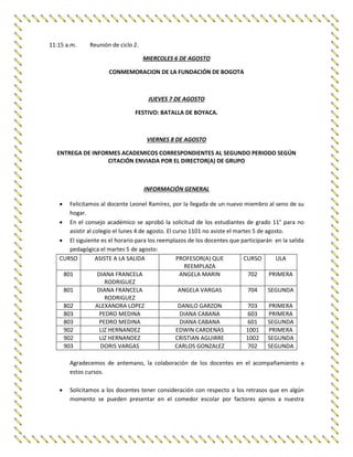 11:15 a.m. Reunión de ciclo 2.
MIERCOLES 6 DE AGOSTO
CONMEMORACION DE LA FUNDACIÓN DE BOGOTA
JUEVES 7 DE AGOSTO
FESTIVO: BATALLA DE BOYACA.
VIERNES 8 DE AGOSTO
ENTREGA DE INFORMES ACADEMICOS CORRESPONDIENTES AL SEGUNDO PERIODO SEGÚN
CITACIÓN ENVIADA POR EL DIRECTOR(A) DE GRUPO
INFORMACIÓN GENERAL
 Felicitamos al docente Leonel Ramírez, por la llegada de un nuevo miembro al seno de su
hogar.
 En el consejo académico se aprobó la solicitud de los estudiantes de grado 11° para no
asistir al colegio el lunes 4 de agosto. El curso 1101 no asiste el martes 5 de agosto.
 El siguiente es el horario para los reemplazos de los docentes que participarán en la salida
pedagógica el martes 5 de agosto:
CURSO ASISTE A LA SALIDA PROFESOR(A) QUE
REEMPLAZA
CURSO ULA
801 DIANA FRANCELA
RODRIGUEZ
ANGELA MARIN 702 PRIMERA
801 DIANA FRANCELA
RODRIGUEZ
ANGELA VARGAS 704 SEGUNDA
802 ALEXANDRA LOPEZ DANILO GARZON 703 PRIMERA
803 PEDRO MEDINA DIANA CABANA 603 PRIMERA
803 PEDRO MEDINA DIANA CABANA 601 SEGUNDA
902 LIZ HERNANDEZ EDWIN CARDENAS 1001 PRIMERA
902 LIZ HERNANDEZ CRISTIAN AGUIRRE 1002 SEGUNDA
903 DORIS VARGAS CARLOS GONZALEZ 702 SEGUNDA
Agradecemos de antemano, la colaboración de los docentes en el acompañamiento a
estos cursos.
 Solicitamos a los docentes tener consideración con respecto a los retrasos que en algún
momento se pueden presentar en el comedor escolar por factores ajenos a nuestra
 