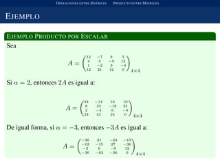 OPERACIONES ENTRE MATRICES PRODUCTO ENTRE MATRICES
EJEMPLO
EJEMPLO PRODUCTO POR ESCALAR
Sea
A =
12 −7 8 5
4 5 −9 12
1 −2 3 −4
12 21 12 0 4×4
Si α = 2, entonces 2A es igual a:
A =
24 −14 16 10
8 10 −18 24
2 −4 6 −8
24 42 24 0 4×4
De igual forma, si α = −3, entonces −3A es igual a:
A =
−36 21 −24 −15
−12 −15 27 −36
−3 6 −9 12
−36 −63 −36 0 4×4
 