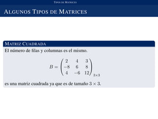TIPOS DE MATRICES
ALGUNOS TIPOS DE MATRICES
MATRIZ CUADRADA
El n´umero de ﬁlas y columnas es el mismo.
B =


2 4 3
−8 6 8
4 −6 12


3×3
es una matriz cuadrada ya que es de tama˜no 3 × 3.
 