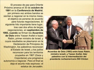 El proceso de paz para Oriente
  Próximo arranca el 30 de octubre de
   1991 en la Conferencia de Madrid,
     por primera vez ambos bandos se
 sientan a negociar en la misma mesa,
      el objetivo es ponerse de acuerdo
          para futuras negociaciones. El
   siguiente hito importante tiene lugar,
            tras casi dos años de largas
     negociaciones, en septiembre de
1993, cuando se firman los Acuerdos
   de Oslo entre Yasser Arafat e Isaac
      Rabin, primer ministro de Israel, y
   cuyos resultados se plasmaron en la
            Declaración de Principios de
 Washington, los palestinos reconocen
         al Estado de Israel, y los judíos
           reconocen para los territorios    Acuerdos de Oslo (1993) entre Isaac Rabín,
                                                ministro israelí, y Yasser Arafat, líder
              ocupados en 1967 (Gaza y
                                                 palestino con la intermediación del
             Cisjordania) una progresiva       presidente norteamericano Bill Clinton
 autonomía a negociar. Para el final se
         deja el asunto más espinoso: el
                   estatus de Jerusalén.
 
