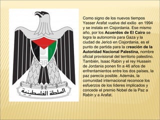 Como signo de los nuevos tiempos
Yasser Arafat vuelve del exilio en 1994
y se instala en Cisjordania. Ese mismo
año, por los Acuerdos de El Cairo se
logra la autonomía para Gaza y la
ciudad de Jericó en Cisjordania, es el
punto de partida para la creación de la
Autoridad Nacional Palestina, nombre
oficial provisional del territorio palestino.
También, Isaac Rabin y el rey Hussein
de Jordania ponen fin a 46 años de
enfrentamientos entre los dos países, la
paz parecía posible. Además, la
comunidad internacional reconoce los
esfuerzos de los líderes implicados y
concede el premio Nobel de la Paz a
Rabin y a Arafat.
 