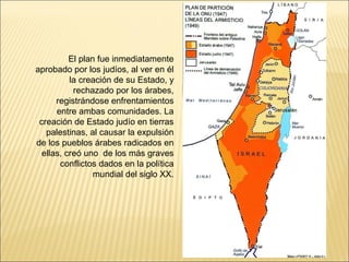 El plan fue inmediatamente
aprobado por los judíos, al ver en él
          la creación de su Estado, y
           rechazado por los árabes,
      registrándose enfrentamientos
      entre ambas comunidades. La
 creación de Estado judío en tierras
   palestinas, al causar la expulsión
de los pueblos árabes radicados en
  ellas, creó uno de los más graves
       conflictos dados en la política
                 mundial del siglo XX.
 