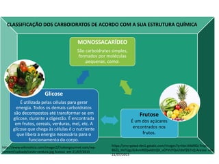 CLASSIFICAÇÃO DOS CARBOIDRATOS DE ACORDO COM A SUA ESTRUTURA QUÍMICA
MONOSSACARÍDEO
São carboidratos simples,
formados por moléculas
pequenas, como:
Glicose
É utilizada pelas células para gerar
energia. Todos os demais carboidratos
são decompostos até transformar-se em
glicose, durante a digestão. É encontrada
em frutos, cereais, verduras, mel, etc. A
glicose que chega às células é o nutriente
que libera a energia necessária para o
funcionamento do corpo.
Frutose
É um dos açúcares
encontrados nos
frutos.
http://www.wikinoticia.com/images2//saborgourmet.com/wp-
content/uploads/cesto-verdura.jpg Acesso em 21/07/2015
https://encrypted-tbn1.gstatic.com/images?q=tbn:ANd9GcTnqzs-
86Zij_HcFUgy3L4vmRIDjwk81QX_vCPVUTQvLhXef267vQ Acesso em
21/07/2015
 