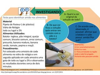 Material
Pipeta de Pasteur ( de plástico)
Vidro de Relógio
Iodo ou lugol a 2%
Alimentos Utilizados:
Batata- inglesa, pão integral, queijo
comum, biscoito comum, arroz comum,
presunto, banana madura, banana
verde, tomate, pepino e maçã.
Procedimento:
Foi colocada uma amostra de cada
alimento no vidro de relógio e em
seguida aplicado em cada amostra uma
gota de iodo ou lugol a 2% e observados
os resultados durantes cerca de dois
minutos.
A- Qual é a cor
original da
solução de iodo?
C- De acordo com o
observado, é
possível afirmar que
a batata e o pão
possui amido?Por
quê?
B- De que cor
ficou a solução
após entrar em
contato com o
pão e a
batata?
http://3.bp.blogspot.com/_mHtMQfO4tps/TSYObqGxrmI/AAAAAAAAAFc/k1arIaxnZuM/s320/06012011472.jpg Acesso em 22/07/2015.
RESPOSTAS:
A-Cor caramelo(marrom).
B-Azul ou roxo.
C- Ficou arroxeada na região
onde o iodo foi pingado.
Portanto eles possuem amido.
INVESTIGANDO
http://petengalimuepg.files.wordpress.com/2014/02/lupa-blog.jpg Acesso em 22/07/2015.
Teste para identificar amido nos alimentos
 