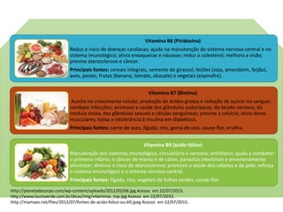 Vitamina B6 (Piridoxina)
Reduz o risco de doenças cardíacas; ajuda na manutenção do sistema nervoso central e no
sistema imunológico; alivia enxaquecas e náuseas; reduz o colesterol; melhora a visão;
previne aterosclerose e câncer.
Principais fontes: cereais integrais, semente de girassol, feijões (soja, amendoim, feijão),
aves, peixes, frutas (banana, tomate, abacate) e vegetais (espinafre).
Vitamina B7 (Biotina)
Auxilia no crescimento celular, produção de ácidos graxos e redução de açúcar no sangue;
combate infecções; promove a saúde das glândulas sudoríparas, do tecido nervoso, da
medula óssea, das glândulas sexuais e células sanguíneas; previne a calvície; alivia dores
musculares; baixa a intolerância à insulina em diabéticos.
Principais fontes: carne de aves, fígado, rins, gema de ovo, couve-flor, ervilha.
Vitamina B9 (ácido fólico)
Manutenção dos sistemas imunológico, circulatório e nervoso; antitóxico; ajuda a combater
o primeiro infarto, o câncer de mama e de cólon, parasitas intestinais e envenenamento
alimentar; diminui o risco de aterosclerose; promove a saúde dos cabelos e da pele; reforça
o sistema imunológico e o sistema nervoso central.
Principais fontes: fígado, rins, vegetais de folhas verdes, couve-flor.
http://planetadocorpo.com/wp-content/uploads/2012/02/b6.jpg Acesso em 22/07/2015.
http://www.louroverde.com.br/dicas/img/vitaminas_top.jpg Acesso em 22/07/2015.
http://mamaes.net/files/2012/07/fontes-de-acido-folico-ou-b9.jpeg Acesso em 22/07/2015.
 
