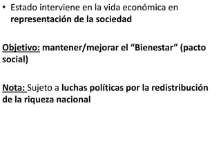 • Estado interviene en la vida económica en
representación de la sociedad
Objetivo: mantener/mejorar el “Bienestar” (pacto
social)
Nota: Sujeto a luchas políticas por la redistribución
de la riqueza nacional
 