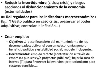 • Reducir la incertidumbre (ciclos; crisis) y riesgos
asociados al disfuncionamiento de la economía
(externalidades)
=> Rol regulador para los indicadores macroeconómicos
(Ej.: ↑Gasto público en caso crisis; preservar el poder
adquisitivo; controlar la inflación…)
• Crear empleo:
– Objetivo: ↓ peso financiero del mantenimiento de los
desempleados; activar el consumo/economía; generar
beneficio político y estabilidad social; modelo incluyente…
– Herramientas: empleo directo (contratación a través de
empresas públicas y/o proyectos públicos); bajar la Tasa de
interés (Ti) para favorecer la inversión; proteccionismo para
sectores sensibles…
 