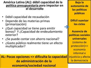 AL: Pocas opciones => dificulta la capacidad
de administración de la
economía/sociedad nacional
América Latina (AL): débil capacidad de la
política presupuestaria para impactar en
el desarrollo
• Débil capacidad de recaudación
• Depende de las materias primas
(primarización)
• ¿Qué capacidad se tiene para emitir
bonos? Y ¿Capacidad de endeudamiento
exterior?
• ¿Se puede contar con ahorro nacional?
• ¿Gasto público realmente tiene un efecto
multiplicador?
Baja la
autonomía de
las políticas
públicas
Difícil suavizar
los ciclos
Ausencia de
políticas sociales
universales
(sistema de
protección)=>
economía
informal e
injusticia y afecta
la democracia
 
