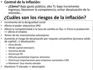 ¿Cuáles son los riesgos de la inflación?
• Incrementa de la desigualdad social
• Afecta el poder adquisitivo (PA)
• Afecta la competitividad si la tasa de cambio es fija => frena la producción
=> afecta el empleo
• Temor de los inversionistas extranjeros
• Aumenta el riesgo de devaluación por reajuste competitivo (provoca salida
de capital) ; si devaluación:
– Eleva deuda
– Miedo capital extranjero
– Aumenta deuda
– Disminuye PA
– Dificulta posibilidad importar alimentos
– Disminuye importaciones para empresas nacionales e IDE
Mantener Tasa interés elevada
• Mantiene Ti elevada => desempleo
• Control de la inflación:
– ¿Cómo? Bajo gasto público; alta Ti; bajo incremento
ingresos; favorecer la competencia; evitar devaluación de la
moneda…
 