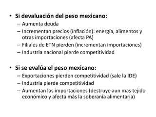 • Si devaluación del peso mexicano:
– Aumenta deuda
– Incrementan precios (inflación): energía, alimentos y
otras importaciones (afecta PA)
– Filiales de ETN pierden (incrementan importaciones)
– Industria nacional pierde competitividad
• Si se evalúa el peso mexicano:
– Exportaciones pierden competitividad (sale la IDE)
– Industria pierde competitividad
– Aumentan las importaciones (destruye aun mas tejido
económico y afecta más la soberanía alimentaria)
 