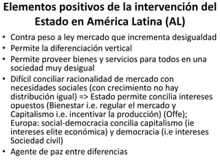 Elementos positivos de la intervención del
Estado en América Latina (AL)
• Contra peso a ley mercado que incrementa desigualdad
• Permite la diferenciación vertical
• Permite proveer bienes y servicios para todos en una
sociedad muy desigual
• Difícil conciliar racionalidad de mercado con
necesidades sociales (con crecimiento no hay
distribución igual) => Estado permite concilia intereses
opuestos (Bienestar i.e. regular el mercado y
Capitalismo i.e. incentivar la producción) (Offe);
Europa: social-democracia concilia capitalismo (ie
intereses elite económica) y democracia (i.e intereses
Sociedad civil)
• Agente de paz entre diferencias
 