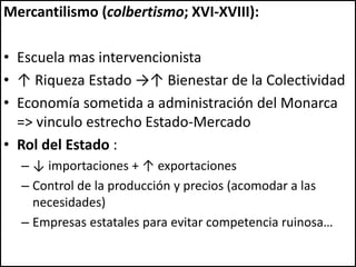 Mercantilismo (colbertismo; XVI-XVIII):
• Escuela mas intervencionista
• ↑ Riqueza Estado →↑ Bienestar de la Colectividad
• Economía sometida a administración del Monarca
=> vinculo estrecho Estado-Mercado
• Rol del Estado :
– ↓ importaciones + ↑ exportaciones
– Control de la producción y precios (acomodar a las
necesidades)
– Empresas estatales para evitar competencia ruinosa…
 