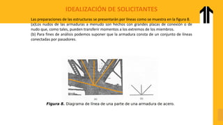 IDEALIZACIÓN DE SOLICITANTES
Las preparaciones de las estructuras se presentarán por líneas como se muestra en la figura 8.
(a)Los nudos de las armaduras a menudo son hechos con grandes placas de conexión o de
nudo que, como tales, pueden transferir momentos a los extremos de los miembros.
(b) Para fines de análisis podemos suponer que la armadura consta de un conjunto de líneas
conectadas por pasadores.
 