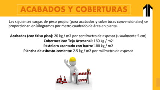 Las siguientes cargas de peso propio (para acabados y coberturas convencionales) se
proporcionan en kilogramos por metro cuadrado de área en planta.
Acabados (con falso piso): 20 kg / m2 por centímetro de espesor (usualmente 5 cm)
Cobertura con Teja Artesanal: 160 kg / m2
Pastelero asentado con barro: 100 kg / m2
Plancha de asbesto-cemento: 2.5 kg / m2 por milímetro de espesor
ACABADOS Y COBERTURAS
 