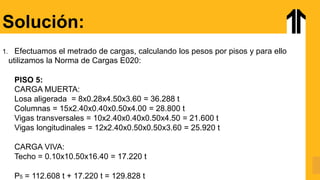 Solución:
1. Efectuamos el metrado de cargas, calculando los pesos por pisos y para ello
utilizamos la Norma de Cargas E020:
PISO 5:
CARGA MUERTA:
Losa aligerada = 8x0.28x4.50x3.60 = 36.288 t
Columnas = 15x2.40x0.40x0.50x4.00 = 28.800 t
Vigas transversales = 10x2.40x0.40x0.50x4.50 = 21.600 t
Vigas longitudinales = 12x2.40x0.50x0.50x3.60 = 25.920 t
CARGA VIVA:
Techo = 0.10x10.50x16.40 = 17.220 t
P5 = 112.608 t + 17.220 t = 129.828 t
 