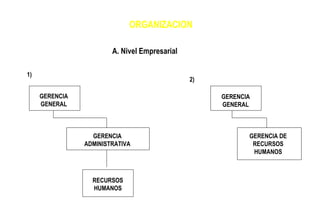 ORGANIZACION A. Nivel Empresarial 1) GERENCIA GENERAL GERENCIA ADMINISTRATIVA RECURSOS HUMANOS 2) GERENCIA GENERAL GERENCIA DE RECURSOS HUMANOS 