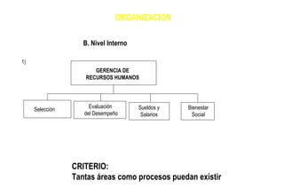 ORGANIZACION B. Nivel Interno 1) GERENCIA DE RECURSOS HUMANOS Selección Sueldos y Salarios Bienestar Social Evaluación  del Desempeño CRITERIO: Tantas áreas como procesos puedan existir 