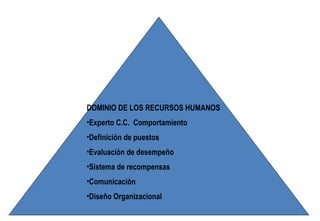 DOMINIO DE LOS RECURSOS HUMANOS Experto C.C.  Comportamiento Definición de puestos Evaluación de desempeño Sistema de recompensas Comunicación Diseño Organizacional 