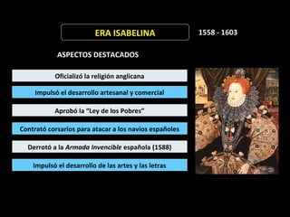 ERA ISABELINA                  1558 - 1603

            ASPECTOS DESTACADOS

           Oficializó la religión anglicana

     Impulsó el desarrollo artesanal y comercial

           Aprobó la “Ley de los Pobres”

Contrató corsarios para atacar a los navíos españoles

  Derrotó a la Armada Invencible española (1588)

    Impulsó el desarrollo de las artes y las letras
 