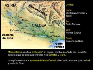 Límites:
 ASIRIA
                                                            Norte
                                                            Montañas Armenia y
                                                            Tauro
                 Tigris
                                                            Sur
                                                            Golfo Pérsico
                           CALDEA
      Éufrates                                              Este
                                                            Montes Zagros
Desierto
                                          Chat Et Arab
de Siria                                                    Oeste
                                                            Desierto de Siria
                                                  Golfo
                                                 Pérsico
    Mesopotamia significa "entre ríos" en griego, nombre acuñado por Heródoto,
    debido a que se emplaza entre los ríos Éufrates y Tigris.

    La región se ubica al suroeste del Asia Central, abarcando el actual país de Irak
    y parte de Siria.
 