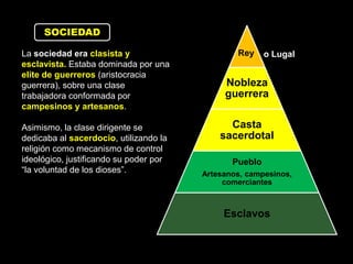 SOCIEDAD

La sociedad era clasista y                      Rey     o Lugal
esclavista. Estaba dominada por una
elite de guerreros (aristocracia
guerrera), sobre una clase                   Nobleza
trabajadora conformada por                   guerrera
campesinos y artesanos.

Asimismo, la clase dirigente se               Casta
dedicaba al sacerdocio, utilizando la       sacerdotal
religión como mecanismo de control
ideológico, justificando su poder por          Pueblo
“la voluntad de los dioses”.            Artesanos, campesinos,
                                             comerciantes



                                             Esclavos
 