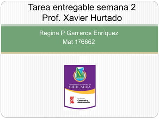 Regina P Gameros Enríquez
Mat 176662
Tarea entregable semana 2
Prof. Xavier Hurtado
 