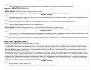 QUINTA SESION
• Leer las recomendaciones de estudio para antes de resolver un examen de la página 14 de su libro de texto. Comentar sus puntos de vista.
Asignatura: DESAFÍOS MATEMÁTICOS
Lección 3: Carrera de Robots
Intención didáctica: Que los alumnos escriban, comparen y ordenen fracciones.
Contenido: Lectura, escritura y comparación de números naturales, fracciones y decimales. Explicitación de los criterios de comparación.
SECUENCIA DIDACTICA
SESION 1
• Recortar el tablero “Carrera de Robots” de la página 181 de su libro. Formar equipos para seguir la consigna de la página 12. Observar las dificultades y aciertos de los
alumnos en la realización de la actividad.
SESION 2
• Realizar en el cuaderno ejercicios donde tengan que encontrar fracciones equivalentes a una fracción dada, por ejemplo, 2/4= 4/8, 6/12, 8/16.
SESION 3
• Comparar fracciones utilizando los signos mayor que (>) y menor que (<).
Lección 4: ¿Qué pasa después del punto?
Intención didáctica: Que los alumnos desechen el criterio de “a menor número de cifras decimales, más grande es el número”.
Contenido: Lectura, escritura y comparación de números naturales, fraccionarios y decimales. Explicitación de los criterios de comparación.
SECUENCIA DIDACTICA
SESION 4
• Formar equipos. Pedir a los alumnos que abran su libro Desafíos matemáticos en la página 13 y sigan la consigna dada para realizar el juego propuesto. Recortar la tabla
de la página 179. Observar y anotar en su libreta de campo las dificultades y aciertos encontrados por los alumnos.
SESION 5
• Realizar ejercicios en el cuaderno donde comparen cantidades que incluyan decimales, ordenándolas de mayor a menor o utilizando los signos mayor que (>) y menor que
(<).
ASIGNATURA: CIENCIAS NATURALES
Bloque I ¿Cómo mantener la salud? Desarrollo un estilo de vida saludable.
Competencias que se favorecen: Comprensión de fenómenos y procesos naturales desde la perspectiva científica • Toma de decisiones informadas para el cuidado del ambiente
y la promoción de la salud orientadas a la cultura de la prevención • Comprensión de los alcances y limitaciones de la ciencia y del desarrollo tecnológico en diversos contextos
Aprendizajes esperados: Analiza las ventajas de preferir el consumo de agua simple potable en lugar de bebidas azucaradas. Argumenta la importancia de la dieta correcta, del
consumo de agua simple potable, la activación física, el descanso y el esparcimiento para promover un estilo de vida saludable. Explica el funcionamiento del cuerpo humano a
partir de las interacciones entre diferentes sistemas.
Contenidos: ¿Cómo mantener un estilo de vida saludable? Funciones del agua en nuestro cuerpo. Valoración de la cantidad de agua, bebidas azucaradas como jugo y refresco,
que se ingieren en relación con las Recomendaciones sobre el Consumo de Bebidas para una Vida Saludable para la Población Mexicana. Toma de decisiones respecto al consumo
de agua simple potable. Estilo de vida saludable dieta correcta, consuma de agua simple potable, activación física, descanso y esparcimiento. Toma de decisiones de manera
personal, informada, libre y responsable para practicar hábitos orientados hacia un estilo de vida saludable. ¿Cómo funciona nuestro cuerpo? Participación de distintos sistemas
en el funcionamiento integral del cuerpo: el nervioso en la coordinación, el inmunológico en la defensa; el respiratorio en el intercambio de gases; el digestivo en la nutrición; el
circulatorio en el transporte; el excretor en la eliminación, y el locomotor en el movimiento.
SECUENCIA DIDACTICA
SESION 1
• Realizar la actividad “El reflejo” de la página 15.
• Leer de parte del docente el apartado “La ciencia y sus vínculos”. Reflexionar sobre su contenido.
 