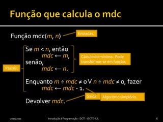 Função que calcula o mdcFunção mdc(m, n)	Se m < n, então mdc← m,	senão,mdc← n.	Enquanto m ÷ mdc≠ 0 V n ÷ mdc ≠ 0, fazermdc← mdc - 1.	Devolver mdc.2010/2011Introdução à Programação - DCTI - ISCTE-IUL6Entradas.Cálculo do mínimo.  Pode transformar-se em função.Passos:Saída.Algoritmo simplório.