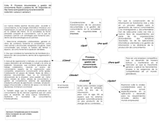 Colle, R. Procesos documentales y gestión del
conocimiento. Razón y palabra No. 46. Disponible en
                                ,                 :
http://www.razónypalabra  .org.mx/anteriores/n46/
rcolle.html. Lectura 2, semana 3.



                                                                                                                                Por que la conservación de la
                                                                             Consideraciones       de      la                   información se transforma más y más
                                                                             transformación de los procesos                     en un proceso dirigido para la
Los nuevos medios aportan recursos para acceder a
conocimientos, la tecnología informática introduce una                       documentales y la gestión del                      generación de nuevos conocimientos
trasformación no solo en el acceso a conocimientos sino                      conocimiento en la actualidad                      y los investigadores y documentalistas
en la calidad del mismo. En la actualidad, es factor                         para    las   organizac iones  y                   han de adecuarse cada vez más a
primordial compartir el conocimiento , con lo que las                        empresas.                                          nuevos tipos de requerimientos por
empresas cuentan con estrategias para fomentar esto ;                                                                           parte      de     las     organizaciones
dentro de estas estrategias se encuentran;
                                                                                                                                profundizando         dos     temáticas
1. Seleccionar empleados colaboradores , generar un                                                                             asociadas, las de las aplicaciones
clima de confianza, fomentar la compartición como                                                          ¿Por qué?            informáticas orientadas a la gestión de
valor central, y reconocerlo, reorganizar a la gente, crear                             ¿Qué?                                   información y las dinámicas de la
comunidades que rompan la barrera del tiempo y                                                                                  producción de conocimientos
espacio, así como fomentar la aparición de líderes .

2. Hay que considerar las herramientas de transferencia y
extracción del conocimiento, dentro de la organización y
éstas son:                                                                                  Procesos
                                                                                                                                        Para ser una empresa competitiva
                                                                   ¿Cómo?                documentales y                                 que se desarrolla de manera
3. Manual de organización y métodos, el cual se refiere al
                                                                                           gestión del                 ¿Para qué?       exitosa y mantenerse en el
cuerpo sitematico de actividades a cumplir y el cómo se
realizarán , Groupware , que contiene aplicaciones del                                    conocimiento .                                mercado ya que es importante
trabajo colaborativo , creando un acervo del                                             Raymond Colle.                                 generar y aplicar las herramientas
conocimiento experto de la organización para                                                                                            propias a las exigencias de la
compartirlo, proporciona comunicación entre iguales,                                                                                    competitividad de un mundo
Colaboración en grupos de trabajo . Bases de datos y                                                                                    globalizado .
sistemas documentales. Que es la información                                 ¿Dónde?
almacenada de la empresa , estas pueden ser : meta-
datos, minería de datos, árboles de conocimiento y
gestión de competencia, sistemas de aprendizaje                                        ¿Cuándo?                      ¿Quién?
(mediante software de ejercitación, tutoriales, simulación,
juegos intruccionales, y sistemas de apoyo a la toma de       En el mundo                                                           Raymond colle lo analiza
                                                                                    Todos estos cambios surgen
decisiones). El Internet o la intranet                        empresarial.                                                          considerándolo para la
                                                                                    en el siglo XX señalado
                                                                                    como      la era de         la                  sociedad          actual,
4. También exige que los ingenieros profundicen sus                                                                                 específicamente en su
conocimientos de las ciencias cognitivas que son clave                              información,
                                                                                                                                    aplicación y desarrollo
para el desarrollo de estas nuevas herramientas ,                                   pero con el siglo XXI se
resaltando       la  necesidad   de      conocimientos                                                                              para los requerimientos
                                                                                    espera que los sistemas
interdisciplinarios.                                                                                                                actuales   dentro    del
                                                                                    generen automáticamente
                                                                                    un plus producto de la                          mundo empresarial.
                                                                                    sinergia de los contenidos .



  Seminario Competencias para la Innovación
  Elvira Concepción de León Urbieta
  Julio 6 / 2009
 