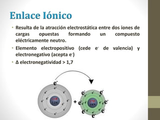 • Resulta de la atracción electrostática entre dos iones de
cargas opuestas formando un compuesto
eléctricamente neutro.
• Elemento electropositivo (cede e- de valencia) y
electronegativo (acepta e-)
• Δ electronegatividad > 1,7
 