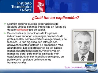 Productos traslapados Estateoríatenía2 principios: El tipo de demanda de un paísestá en función de sunivel de ingresos. Las empresasprimerodominanel mercadointerno y luegosalen al exteriorhaciamercadossimilares.(fuertedemandainterna) Econ. Larry Mendoza C.