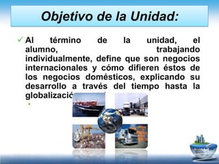 Objetivo de la Unidad:Al término de la unidad, el alumno, trabajando individualmente, define que son negocios internacionales y cómo difieren éstos de los negocios domésticos, explicando su desarrollo a través del tiempo hasta la globalización actual.Objetivo de la Unidad:Al término de la unidad, el alumno, trabajando individualmente, define que son negocios internacionales y cómo difieren éstos de los negocios domésticos, explicando su desarrollo a través del tiempo hasta la globalización actual.Competencias:Una vez finalizada  la unidad los alumnos estarán capacitados para Analizar tanto cuantitativamente como cualitativamente los beneficios que generan los negocios internacionales.Comprender y Explicar los principales conceptos que se manejan en los negocios internacionales y que sirven de base para el desarrollo de este curso.Comprender la manera en que ha ido evolucionando el Comercio Internacional, y las teorías que explican esa evolución