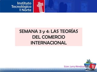 LA EVOLUCIÓN DE LA TEORÍA DEL COMERCIO INTERNACIONALEl mercantilismoTeoría de la Ventaja Absoluta (Adan Smith)Teoría de la Ventaja Comparativa (D. Ricardo)T. De las proporciones de los factores de Comercio (Heckscher – Ohlin)Paradoja de LeontiefT. Prod. TraslapadosT. Del ciclo del productoT. Del 1er  JugadorMercados Imperfectos y Comercio estratégico (Krugman)itn!La Ventaja Competitiva de las Naciones (M. Porter)
