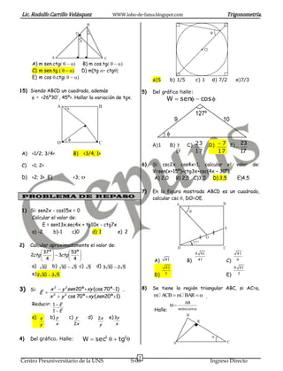 Lic. Rodolfo Carrillo Velásquez                      WWW.lobo-de-fama.blogspot.com                                        Trigonometría.
                                      B

                             D                                                                                  
                                 



                A                                C
      A) m sen.ctgB) m cos.tg
      C) m sen.tg  D) m[tg – ctg
      E) m cos.ctg
                                                                         a)5        b) 1/5            c) 1        d) 7/2        e)7/3

15) Siendo ABCD un cuadrado, además                                 5)   Del gráfico halle:
      <26º30', 45º>. Hallar la variación de tgx.                             W  sen  cos 
                    A   x                    B
                                                                                                      127º
                                                                                     9                                 10

                                                                               
                        
                                                                                             C) 23               D)  7 E)  23
                    D                        C
                                                                         A)1        B) 7
 A)   <1/2; 3/4>            B)       <3/4; 1>                                         17              17              17          17

 C)   <1; 2>                                                        6)   Si csc2x cos4x=1, calcular el                           valor   de:
                                                                         V=sen(x+15º)+ctg3x+csc(4x – 30º).
 D)   <2; 3> E)             <3; >                                        A) 2,0 B) 2,5 C)3,0 D) 3,5                             E)4,5

                                                                    7)   En la figura mostrada ABCD es un cuadrado,
 PROBLEMA DE REPASO                                                      calcular csc, DO=OE.
                                                                                         A                             B
 1) Si: sen2x - cos15x = 0                                                                       
     Calcular el valor de:
          E = sen13x.sec4x + tg10x - ctg7x
                                                                                                                       E
     a) -2     b)-1     c)0     d) 1       e) 2
                                                                                                             O
                                                                                                     37 °
2)    Calcular aproximadamente el valor de:                                              D                             C
            37 º       53º 
      2ctg 
            4   3ctg  4 
                            
                                                                                                4 41                             41
                                                                     A)    41            B) 41                         C)    4
      a)   10    b) 10  5 c) 5             d) 3 10  2 5                      41                                               4 41
      e) 2 10  3 5                                                      D)    5                                           E)     5


3) Si: E  x 2  y 2sen 20 ºxy (cos 70 º1) .                      8)   Se tiene la región triangular ABC, si AC=a,
            2
                x  y cos 70 ºxy (sen 20 º1)
                  2                                                      m ACB  m BAR   .
      Reducir: 1  E                                                                M
                                                                                            AB
                  1E                                                    Halle:          sen cos 

      a) x      b) y    c) y           d)            e) 3y
                                                                                             B
                                            2x
                                                                                                       R
           y        x       2x               y          x

                                                                                                                  
4)    Del gráfico. Halle:            W  sec2   tg2                                                                     C
                                                                                     A


                                                                7
Centro Preuniversitario de la UNS                            S-03                                                Ingreso Directo
 