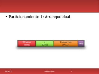 ●
    Particionamiento 1: Arranque dual




26/09/12               Presentation     7
 