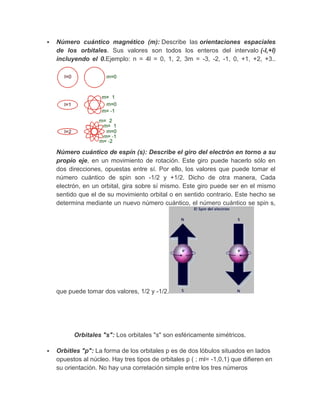    Número cuántico magnético (m): Describe las orientaciones espaciales
    de los orbitales. Sus valores son todos los enteros del intervalo (-l,+l)
    incluyendo el 0.Ejemplo: n = 4l = 0, 1, 2, 3m = -3, -2, -1, 0, +1, +2, +3..




    Número cuántico de espín (s): Describe el giro del electrón en torno a su
    propio eje, en un movimiento de rotación. Este giro puede hacerlo sólo en
    dos direcciones, opuestas entre sí. Por ello, los valores que puede tomar el
    número cuántico de spin son -1/2 y +1/2. Dicho de otra manera, Cada
    electrón, en un orbital, gira sobre sí mismo. Este giro puede ser en el mismo
    sentido que el de su movimiento orbital o en sentido contrario. Este hecho se
    determina mediante un nuevo número cuántico, el número cuántico se spin s,




    que puede tomar dos valores, 1/2 y -1/2.




          Orbitales "s": Los orbitales "s" son esféricamente simétricos.

   Orbitles "p": La forma de los orbitales p es de dos lóbulos situados en lados
    opuestos al núcleo. Hay tres tipos de orbitales p ( ; ml= -1,0,1) que difieren en
    su orientación. No hay una correlación simple entre los tres números
 