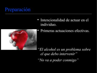 Preparación
Intencionalidad de actuar en el
individuo.
Primeras actuaciones efectivas.
“El alcohol es un problema sobre
el que debo intervenir”
“No va a poder conmigo”
