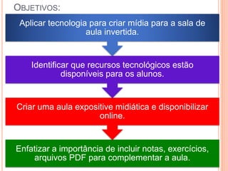 OBJETIVOS:
Enfatizar a importância de incluir notas, exercícios,
arquivos PDF para complementar a aula.
Criar uma aula expositive midiática e disponibilizar
online.
Identificar que recursos tecnológicos estão
disponíveis para os alunos.
Aplicar tecnologia para criar mídia para a sala de
aula invertida.
 