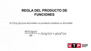 𝑆í 𝑓 𝑥 𝑦 𝑔 𝑥 𝑠𝑜𝑛 𝑑𝑒𝑟𝑖𝑣𝑎𝑏𝑙𝑒𝑠 𝑠𝑢 𝑝𝑟𝑜𝑑𝑢𝑐𝑡𝑜 𝑡𝑎𝑚𝑏𝑖𝑒𝑛 𝑒𝑠 𝑑𝑒𝑟𝑖𝑣𝑎𝑏𝑙𝑒
𝐷𝑓 𝑥 𝑔(𝑥)
𝑑𝑥
= 𝑓 𝑥 𝑔′ 𝑥 + 𝑔 𝑥 𝑓′(𝑥)
 