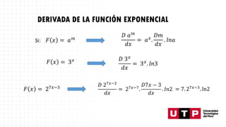 DERIVADA DE LA FUNCIÓN EXPONENCIAL
Si:
𝐹 𝑥 = 3𝑥 𝐷 3𝑥
𝑑𝑥
= 3𝑥
. 𝑙𝑛3
𝐹 𝑥 = 𝑎𝑚
𝐷 𝑎𝑚
𝑑𝑥
= 𝑎𝑥
.
𝐷𝑚
𝑑𝑥
. 𝑙𝑛𝑎
𝐹 𝑥 = 27𝑥−3 𝐷 27𝑥−3
𝑑𝑥
= 27𝑥−7.
𝐷7𝑥 − 3
𝑑𝑥
. 𝑙𝑛2 = 7. 27𝑥−3. ln2
 