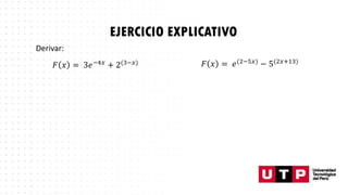 EJERCICIO EXPLICATIVO
𝐹 𝑥 = 3𝑒−4𝑥
+ 2(3−𝑥)
Derivar:
𝐹 𝑥 = 𝑒(2−5𝑥) − 5(2𝑥+13)
 