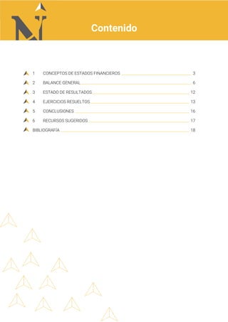 ANÁLISIS ARTÍSTICO Y LITERARIO
pág. 2
Módulo: Estados financieros
Contenido
1 CONCEPTOS DE ESTADOS FINANCIEROS ______________________________________ 3
2 BALANCE GENERAL____________________________________________________________ 6
3 ESTADO DE RESULTADOS_____________________________________________________ 12
4 EJERCICIOS RESUELTOS______________________________________________________ 13
5 CONCLUSIONES ______________________________________________________________ 16
6 RECURSOS SUGERIDOS_______________________________________________________ 17
BIBLIOGRAFÍA ______________________________________________________________________ 18
 