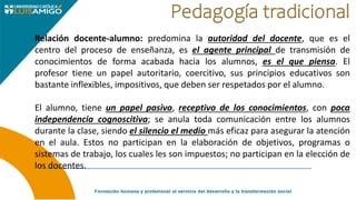 Relación docente-alumno: predomina la autoridad del docente, que es el
centro del proceso de enseñanza, es el agente principal de transmisión de
conocimientos de forma acabada hacia los alumnos, es el que piensa. El
profesor tiene un papel autoritario, coercitivo, sus principios educativos son
bastante inflexibles, impositivos, que deben ser respetados por el alumno.
El alumno, tiene un papel pasivo, receptivo de los conocimientos, con poca
independencia cognoscitiva; se anula toda comunicación entre los alumnos
durante la clase, siendo el silencio el medio más eficaz para asegurar la atención
en el aula. Estos no participan en la elaboración de objetivos, programas o
sistemas de trabajo, los cuales les son impuestos; no participan en la elección de
los docentes.
 