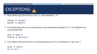 EXCEPTIONS
1. Para verbos que terminan en una “e”, solo añadimos “-d”.
change  changed
believe  believed
2. Si el verbo termina en una vocal corta y una consonante (excepto “y” o “w”) doblamos la
consonante final.
stop  stopped
commit  committed
3. Con verbos que terminan en una consonante y una “y”, se cambia la “y” por una “i”.
study  studied
try  tried
 