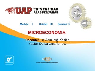 MICROECONOMIA
Módulo: I Unidad: III Semana: 3
Docente: Lic. Adm. Mg. Yanina
Ysabel De La Cruz Torres.
 