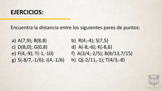 EJERCICIOS:
Encuentra la distancia entre los siguientes pares de puntos:
a) A(7,9); B(8,8) b) R(4,-4); S(7,5)
c) D(8,0); G(0,8) d) A(-8,-6); K(-8,6)
e) F(4,-9); T(-1,-10) f) A(3/4,-2/5); B(8/13,7/15)
g) S(-8/7,-1/6); J(4,-1/6) h) Q(-2/11,-1); T(4/3,-8)
 