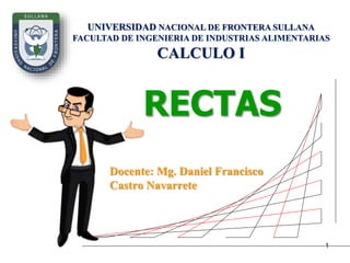 1
1
RECTAS
UNIVERSIDAD NACIONAL DE FRONTERA SULLANA
FACULTAD DE INGENIERIA DE INDUSTRIAS ALIMENTARIAS
CALCULO I
Docente: Mg. Daniel Francisco
Castro Navarrete
 
