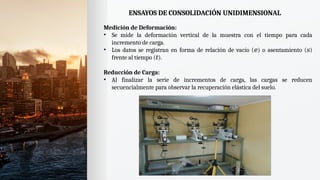 ENSAYOS DE CONSOLIDACIÓN UNIDIMENSIONAL
Medición de Deformación:
• Se mide la deformación vertical de la muestra con el tiempo para cada
incremento de carga.
• Los datos se registran en forma de relación de vacío ( ) o asentamiento ( )
𝑒 𝑠
frente al tiempo ( ).
𝑡
Reducción de Carga:
• Al finalizar la serie de incrementos de carga, las cargas se reducen
secuencialmente para observar la recuperación elástica del suelo.
 